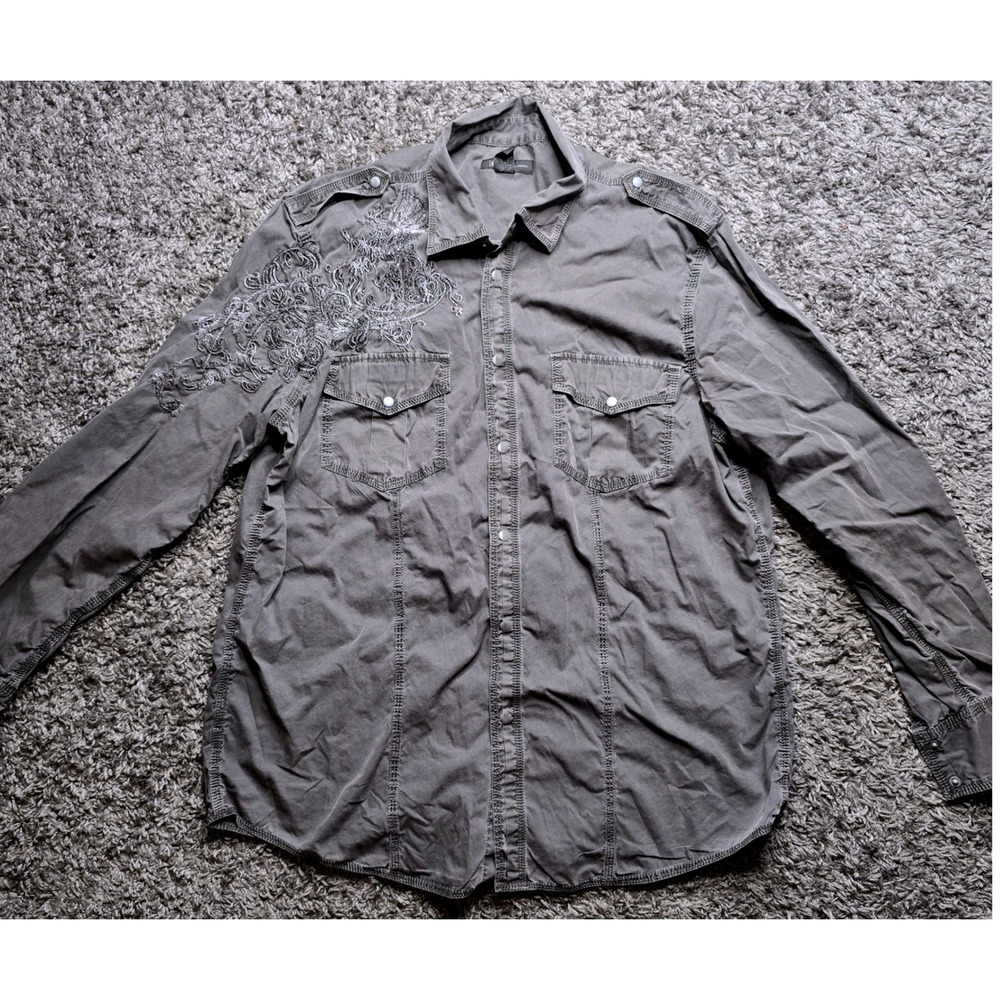 INC International Concepts Mens XL Gray Embroidered Military Snap Button Shirt